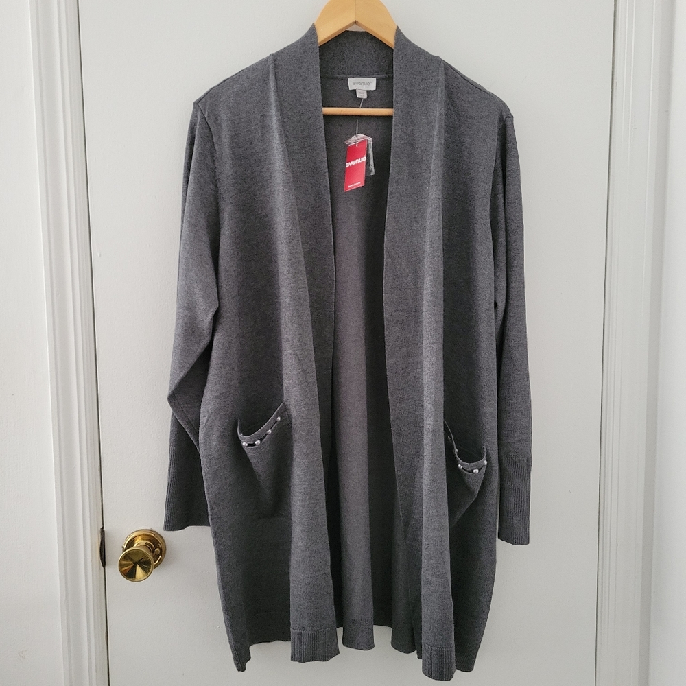 Avenue || 18/20 Gray Open Front Pearl Pockets Cardigan Sweater - Picture 2 of 9